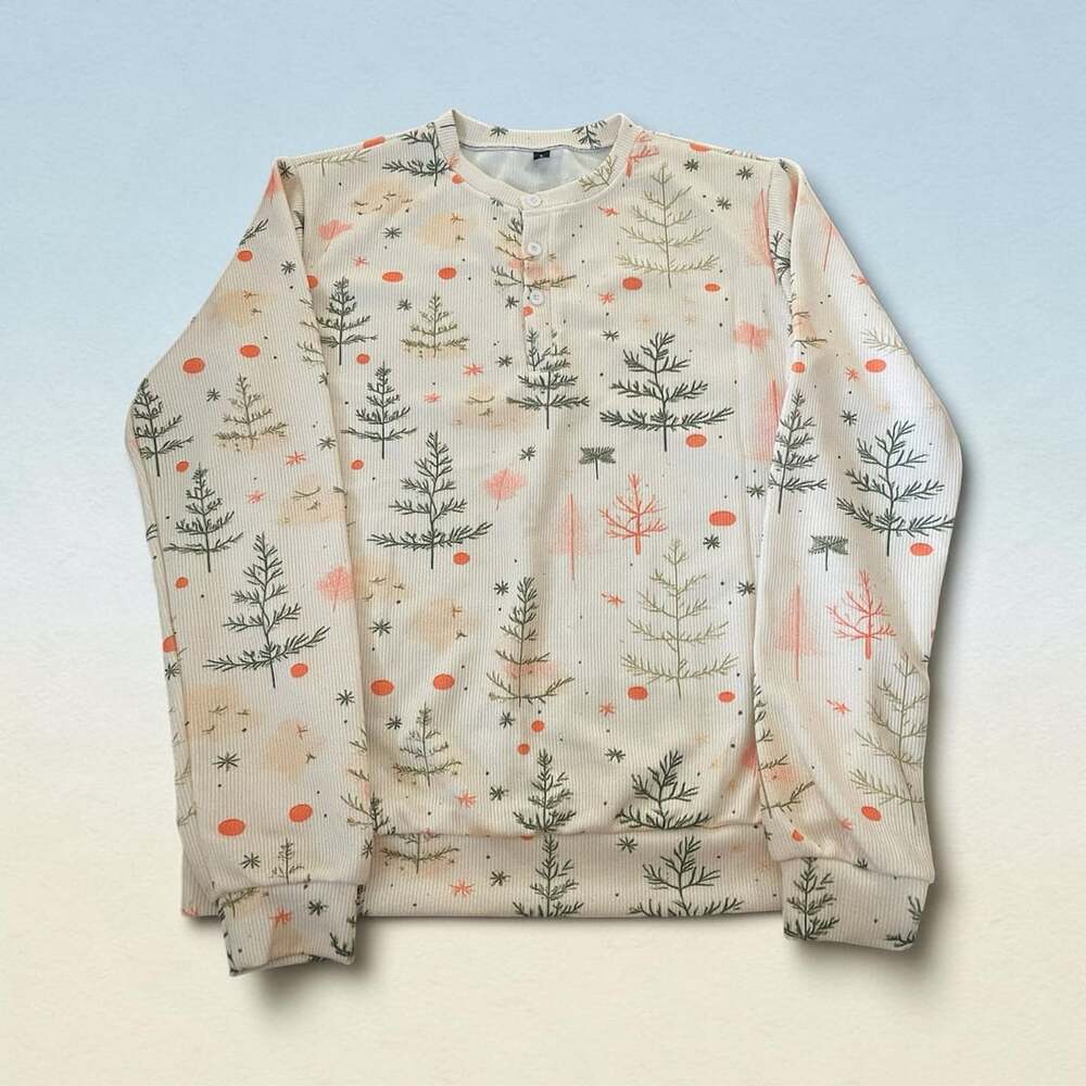 Christmas Tree Print Henley Sweatshirt Size L Beige Ribbed Holiday